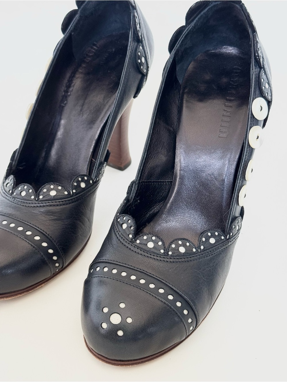 Vintage John Galliano Black Leather Scalloped Heels with Button Accents - Italy - Picture 5 of 11